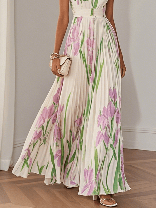 Elaine | Romantic Pleated Chiffon Maxi Floral Dress
