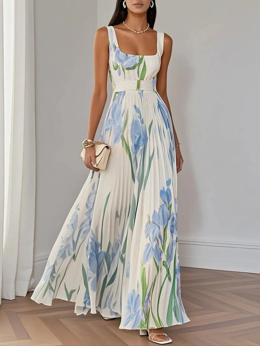 Elaine | Romantic Pleated Chiffon Maxi Floral Dress