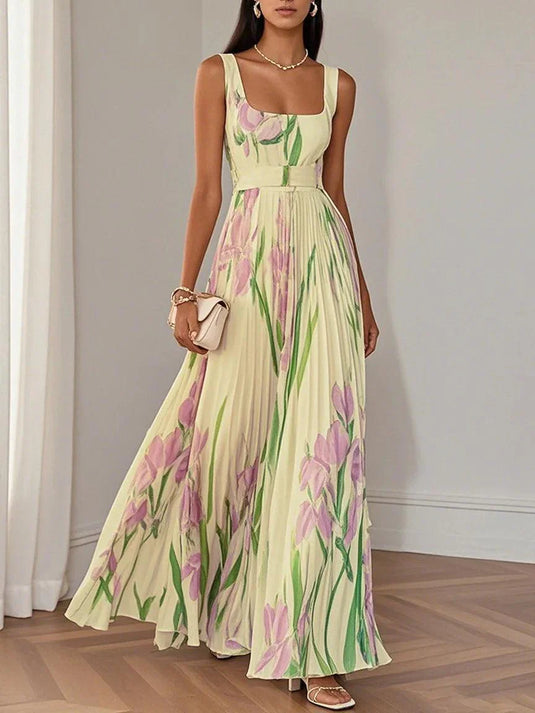Elaine | Romantic Pleated Chiffon Maxi Floral Dress