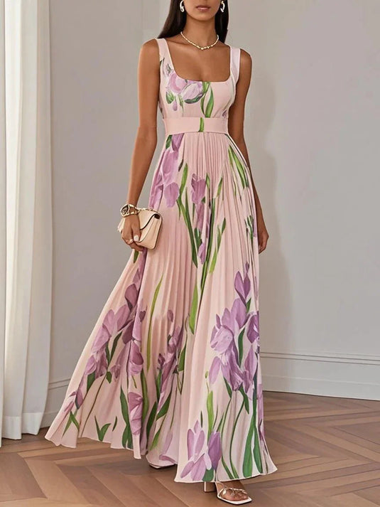 Elaine | Romantic Pleated Chiffon Maxi Floral Dress