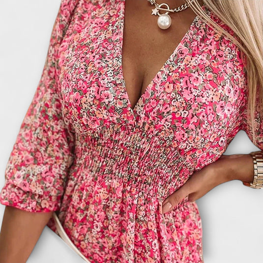 Carla | Charming Puff Sleeve Midi Floral Dress