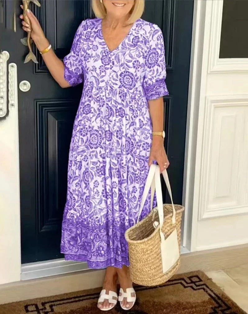 Evette | Lovely Floral V-Neck Midi Floral Dress