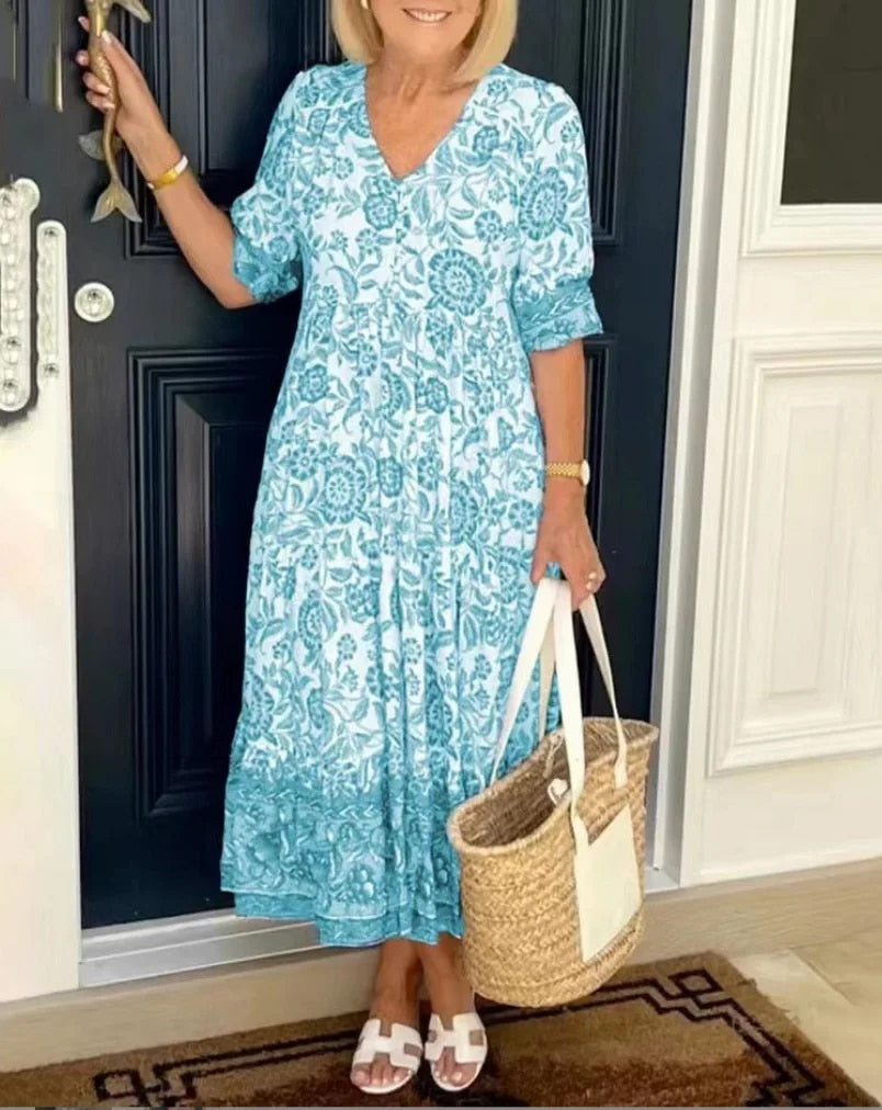 Evette | Lovely Floral V-Neck Midi Floral Dress
