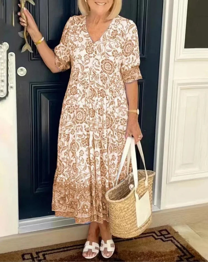 Evette | Lovely Floral V-Neck Midi Floral Dress