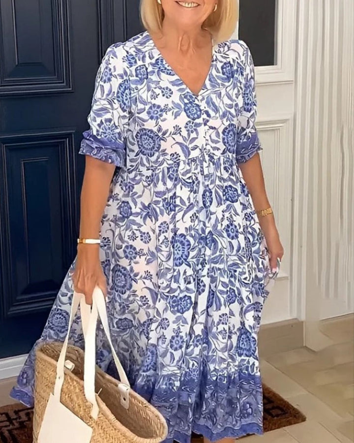 Evette | Lovely Floral V-Neck Midi Floral Dress