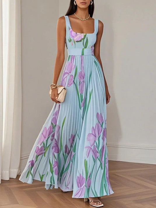 Elaine | Romantic Pleated Chiffon Maxi Floral Dress