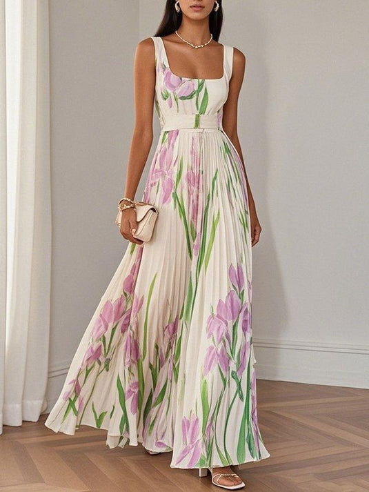 Elaine | Romantic Pleated Chiffon Maxi Floral Dress