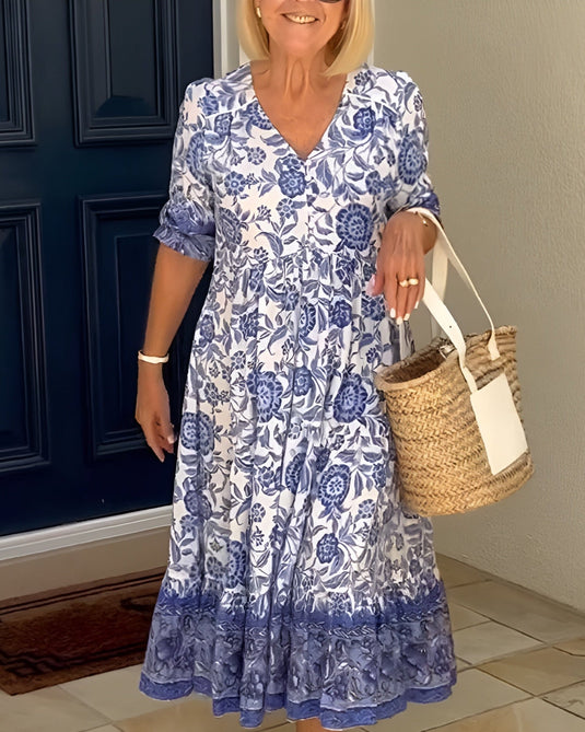 Evette | Lovely Floral V-Neck Midi Floral Dress
