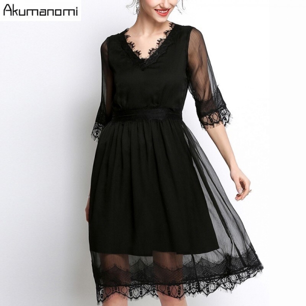 Eyelash Lace V-neck Half Sleeve Wave Hem Dress High Quality Plus Size