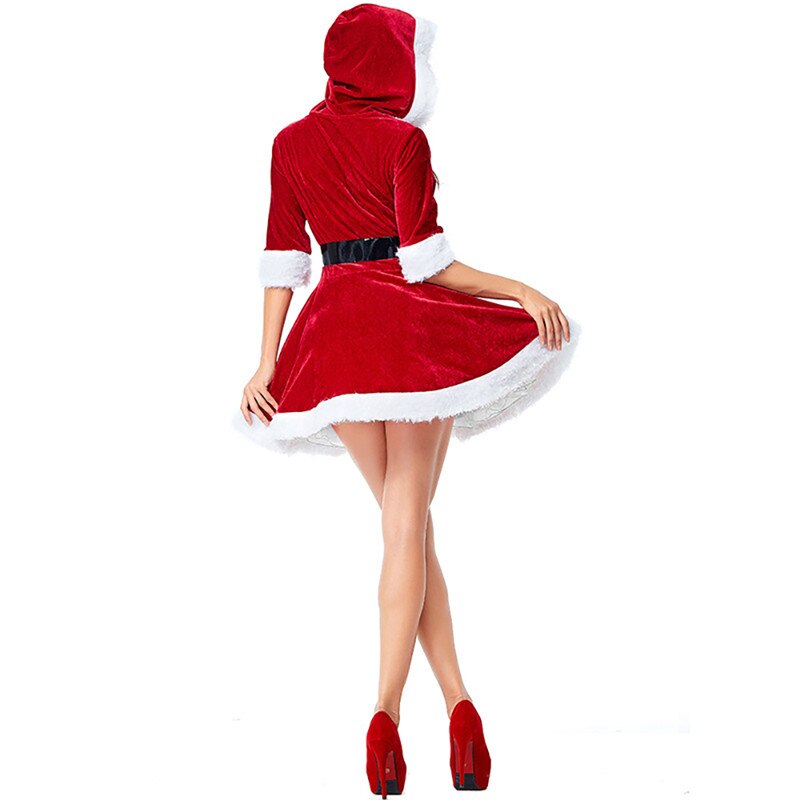 Women Christmas Red Half Sleeve Mother and Daughter Santa Claus Dresses Sexy Plush Hoodie Ball Female Family Dress Costume 3