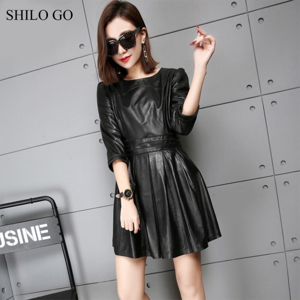 SHILO GO Leather Dress Womens Spring Fashion sheepskin genuine leather dress O Neck half sleeve office lady pleated dress 1 Sheepskin genuine leather dress O Neck half sleeve office