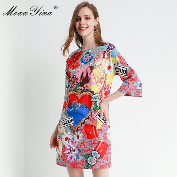 MoaaYina Fashion Designer dress Spring Summer Women's Dress Half sleeve Crystal Beading Floral-Print Dresses MoaaYina Fashion Designer dress Spring Summer Women's Dress Half sleeve Crystal Beading Floral-Print Dresses
