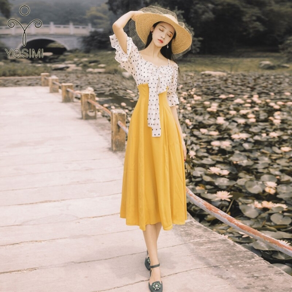 YOSIMI 19 Summer Slash Neck Off The Shoulder Long Women Dress Half Sleeve Party Dresses Print Dot Elegant Fake Set Mid-Calf YOSIMI 19 Summer Slash Neck Off The Shoulder Long Women Dress Half Sleeve Party Dresses Print Dot Elegant Fake Set Mid-Calf