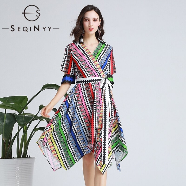 SEQINYY Fashion Dress 19 Summer New Fashion Design Half Sleeve Colorful Flowers Plaid Printed Midi Dress Women SEQINYY Fashion Dress 19 Summer New Fashion Design Half Sleeve Colorful Flowers Plaid Printed Midi Dress Women