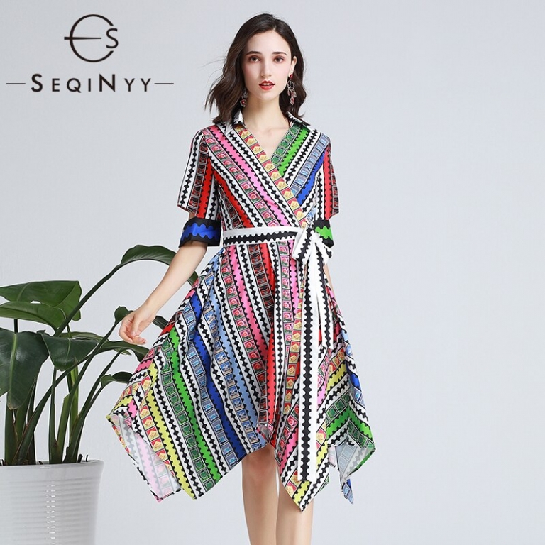 SEQINYY Fashion Dress 19 Summer New Fashion Design Half Sleeve Colorful Flowers Plaid Printed Midi Dress Women