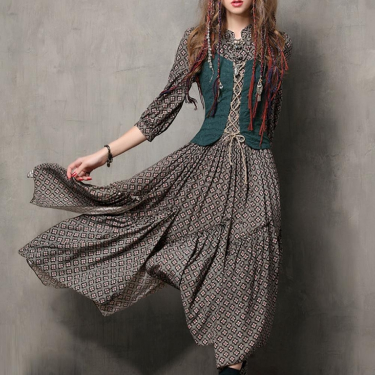 MISSKY Women Summer Dress Floral Printing Retro Button Embroidered Half Sleeve Slim Dress Female Clothes