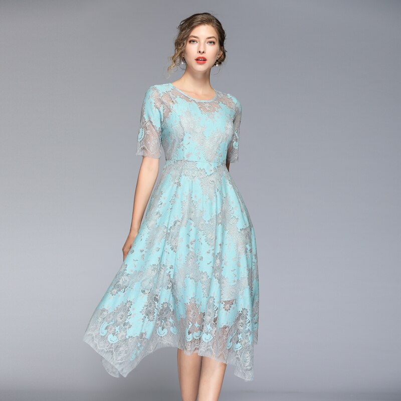 HAMALIEL High Quality Summer Women Lace Dress Vintage Runway Hit Color Half Sleeve Dress Fashion Print Hollow Out Midi Vestidos