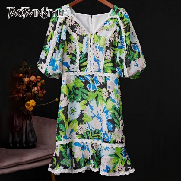TWOTWINSTYLE Patchwork Lace Print Dresses For Female V Neck Lantern Half Sleeve High Waist Ruffle Dress Women Fashion Tide 1 V Neck Lantern Half Sleeve High Waist Ruffle Dress