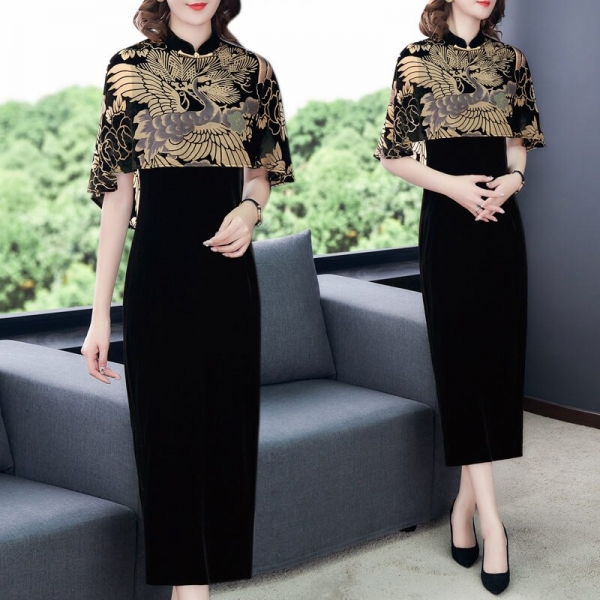 Chinese Style Clothing Gold Velvet Print Cloak Vintage Qipao Dress Women Elegant Plus Size Party Dress Femme Robe Vestidos f2626