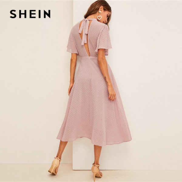SHEIN Flutter Sleeve Swiss Dot Belted Dress Elegant Pink Pastel Solid Women Dresses Stand Collar A Line Half Sleeve Dresses 1 Effortless Elegance – Pink Flutter Sleeve Swiss Dot Belted Dress