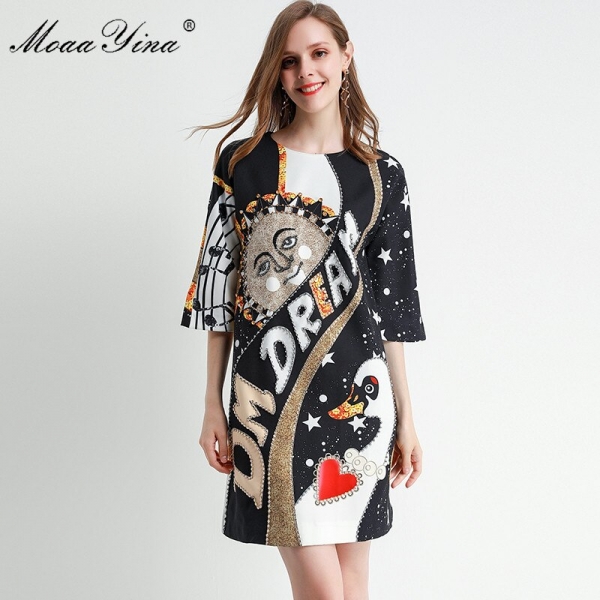 MoaaYina Fashion Designer dress Spring Summer Women's Dress Half sleeve Crystal Beading Loose Dresses 1 Spring Summer Women's Dress Half sleeve Crystal