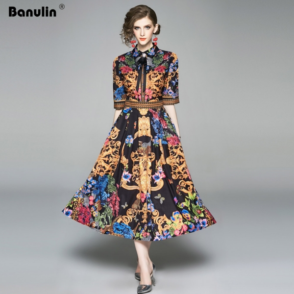 19 Summer Elegant Half Sleeve Dress Women Floral Print Runway Long Dress Fashions Button Diamonds Vintage Midi Dress B9119 19 Summer Elegant Half Sleeve Dress Women Floral Print Runway Long Dress Fashions Button Diamonds Vintage Midi Dress B9119