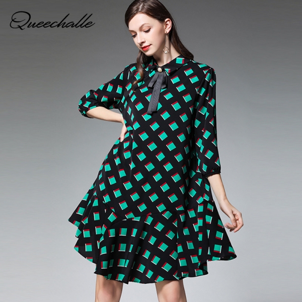 Green Plaid Print Half Sleeve Loose Plus Size Dress Elegant Ruffles