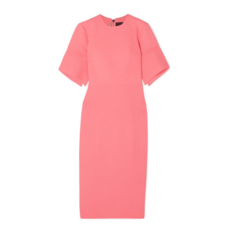 Elegant Work Women Pencil Dress Solid Pink Slim Half Sleeve Dresses Back Zipper Office Lady High Waist Long Mid Dress 3 Half Sleeve Dresses Back Zipper Office Lady High Waist Long Mid
