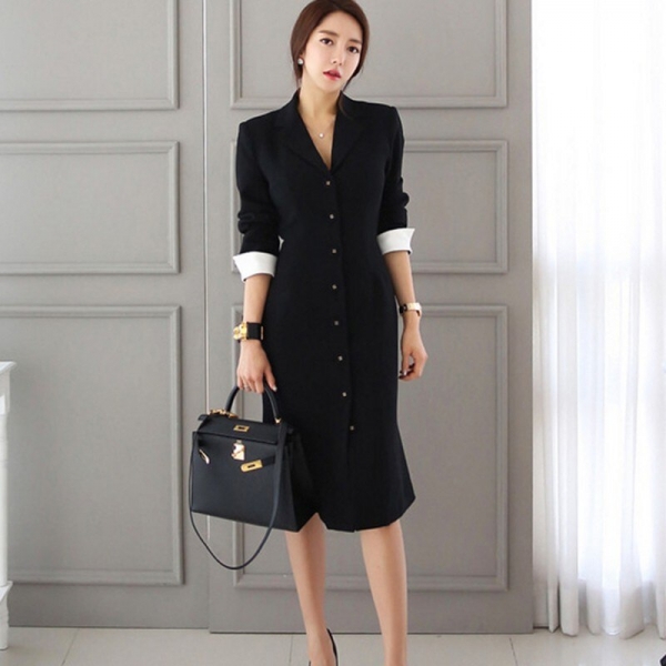 19 Runway Autumn Women straight knee-length Casual half sleeve dress slim office lady Work Wear Slim Button dresses Vestidos