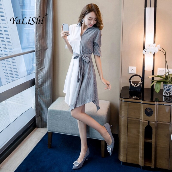 Plus Size Patchwork Asymmetrical Dress 18 Women Autumn White Striped Half Sleeve Knee-length Casual Party Dress Shirt Dresses Plus Size Patchwork Asymmetrical Dress 18 Women Autumn White Striped Half Sleeve Knee-length Casual Party Dress Shirt Dresses
