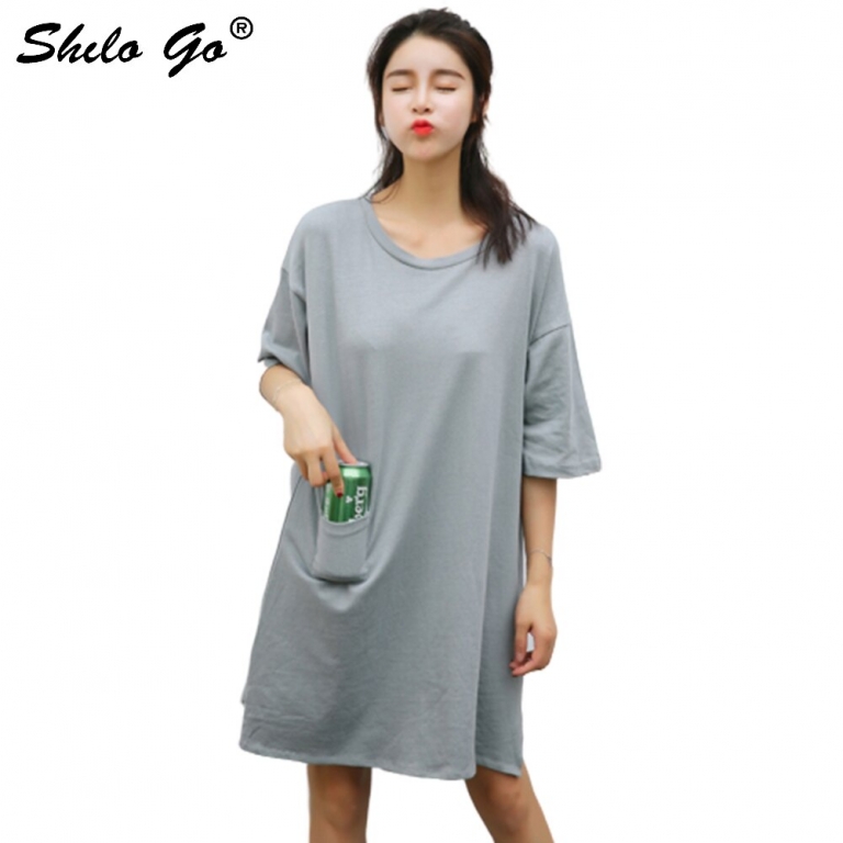 Dress Womens Summer Fashion Concise Casual O Neck half Sleeve dress front pocket loose grey cotton dress