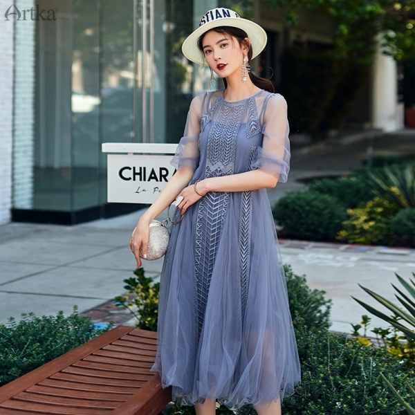 ARTKA 19 Summer Women Dress Elegant Embroidery Mesh Stitching Dresses For Women Two-piece Set Half Sleeve Dresses JL19010 2 Elegance Redefined: Summer Embroidery Mesh Dress Set for Women