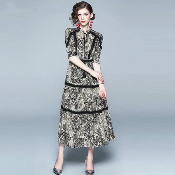 Vintage Print Lace Patchwork Chiffon Long Dress Women 19 Summer Lace-up O Neck Half Sleeve Ladies Dresses Casual Vestidos