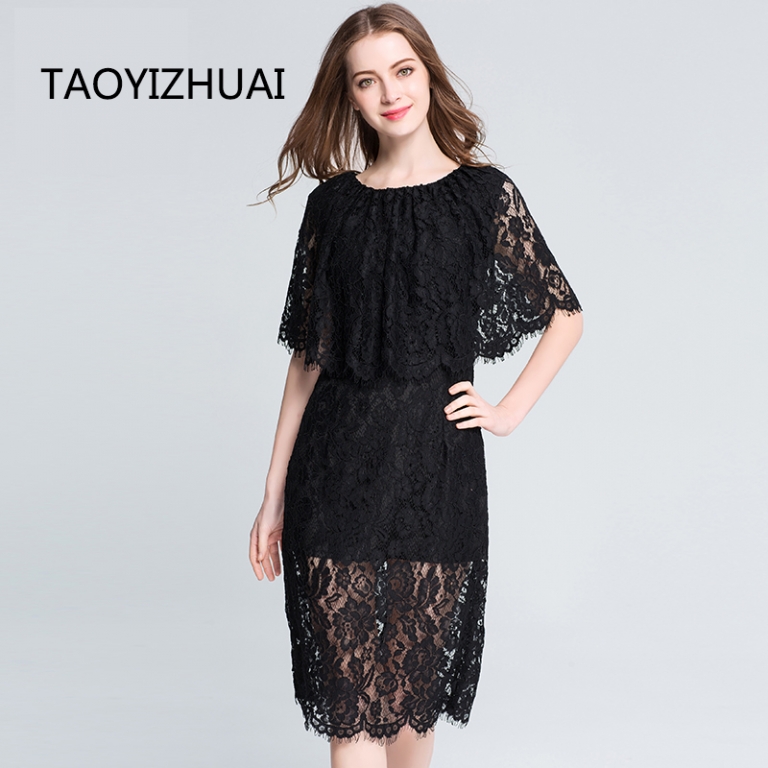 TAOYIZHUAI Summer straight Natural Factors Half Knee Length O Neck Cloak sleeves Hollow Out solid casual style women dress 115