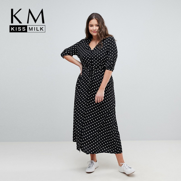 Kissmilk 19 Summer Office Polka Dot Vintage Autumn V-Neck Elegant Sundress For Women Plus Size Midi Half Sleeve Dress Female