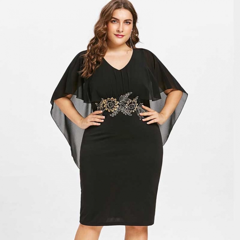 Wipalo Women Fashions Plus Size 5XL Embroidery Capelet Semi Sheer V Neck Party Dress Half Sleeves Sheath Dress Vestidos Big Size