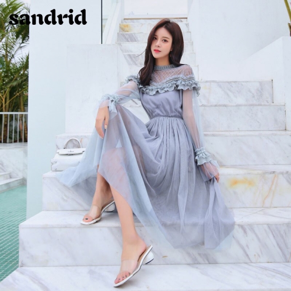 Sandrid 19 French dress with flared sleeves with half-high neckline lace patchwork mesh