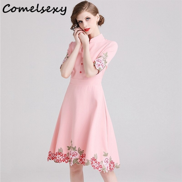 Pink Vintage Stand Collar Party Dress Spring Summer Midi