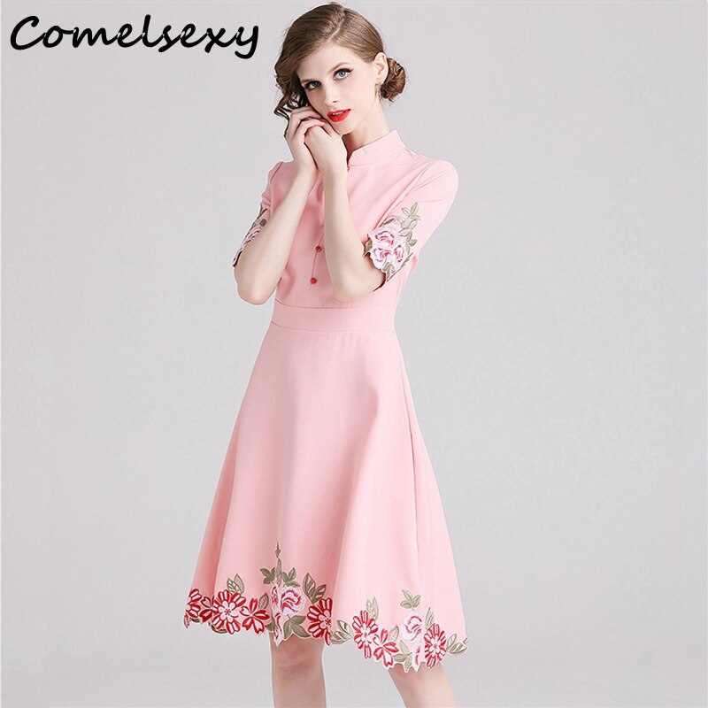 Comelsexy New Ladies Vintage Stand Collar Party Dress Spring Summer Midi Vestidos Women Pink Half Sleeve Embroidery Floral Dress 1