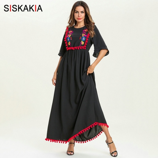 Siskakia Summer 19 Ethnic Women Long Dress Pompom Tassel Floral Embroidery Patchwork Design Maxi Dresses Swing Elegant Black 1 Long Dress Pompom Tassel Floral Embroidery Patchwork Design