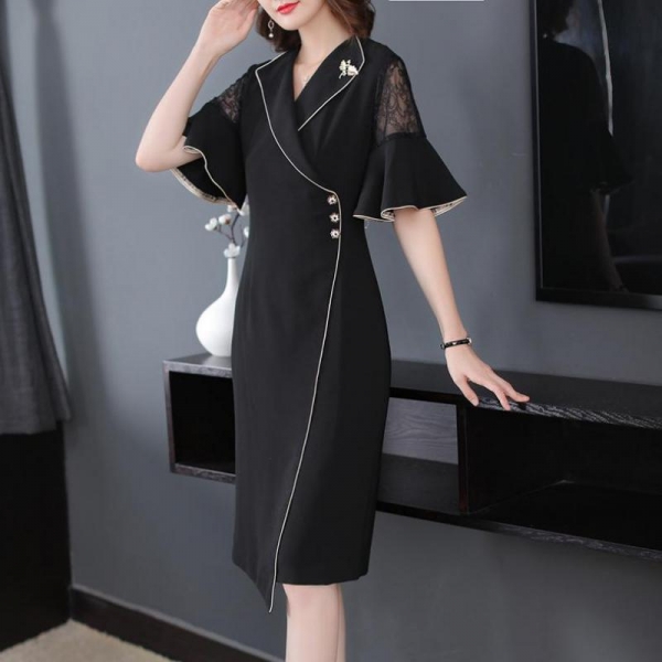 Ruffle Half Sleeve Lace Patchwork Black Dress