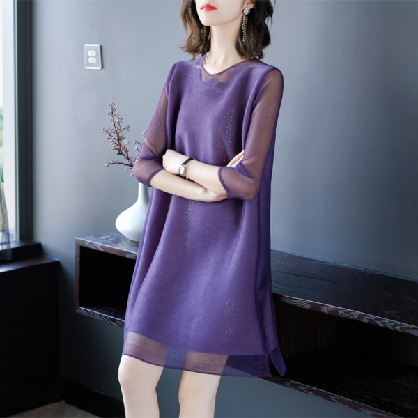 19 New Women Clothing Summer Fashion O-neck Half Sleeves Dress Hollow Out Mesh Patchwork Vintage Elastic Loose Dresses Female 1 O-neck Half Sleeves Dress Hollow Out Mesh Patchwork Vintage