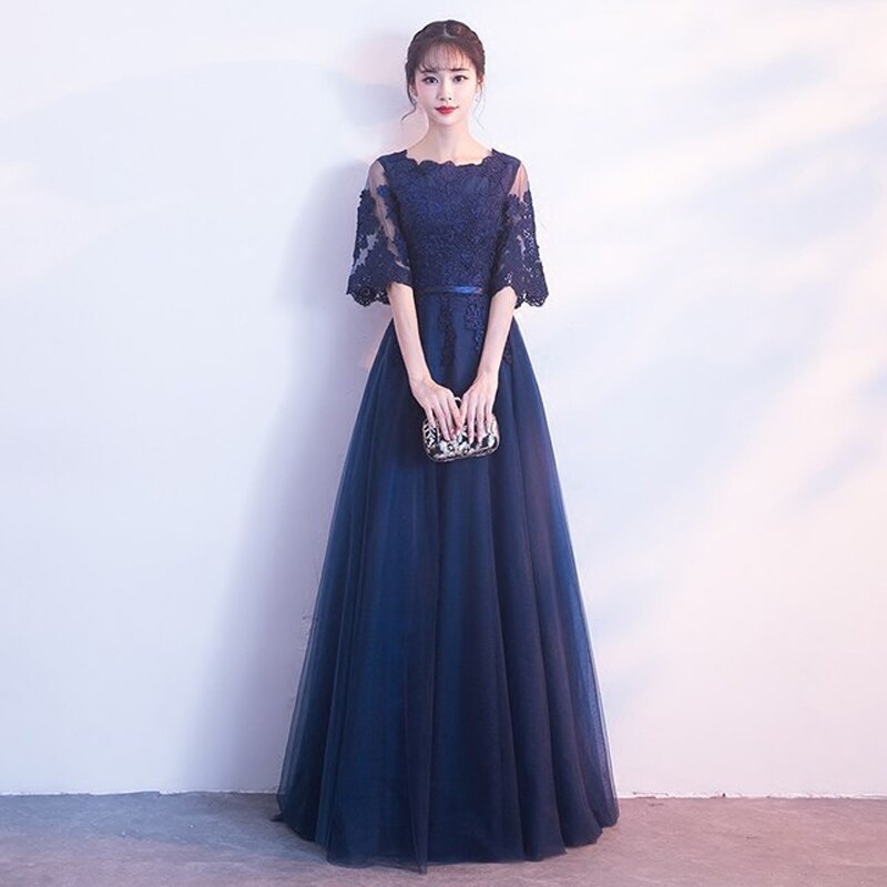 Navyblue Lace Banquet Evening Long Dress 19 Brand New Half Sleeve Dresses Elegant Princess Slim Long Vintage Style