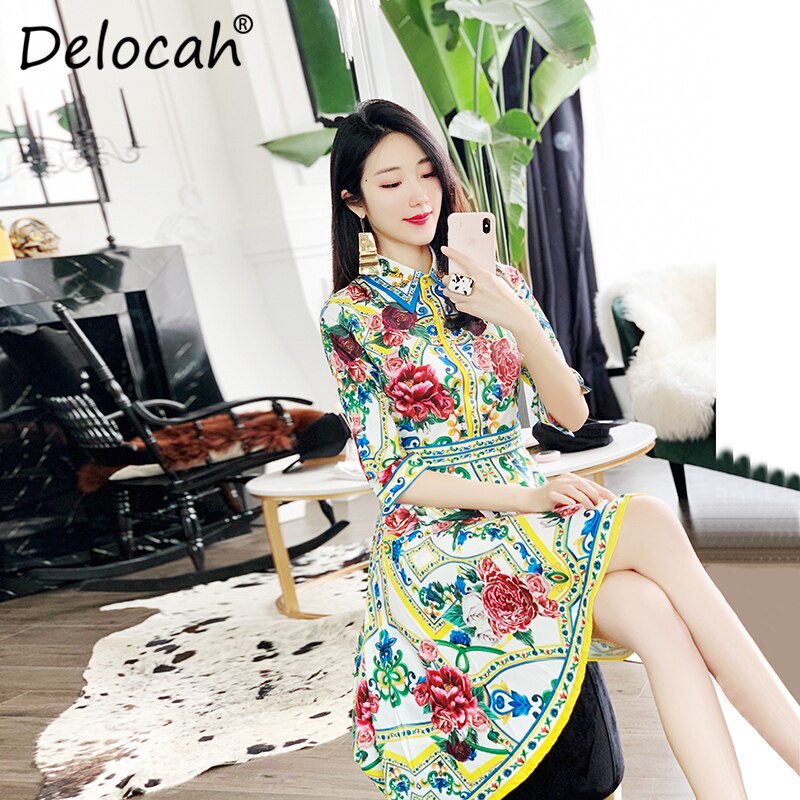 Delocah 19 Women Spring Summer Dress Runway Fashion Designer Half Sleeve Floral Print Beading Asymmetric Slim Elegant Dresses