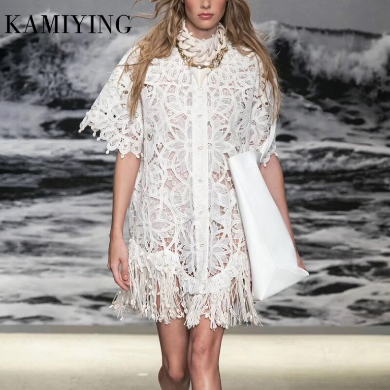 KAMIYING Hollow Out Lace embroidery Tassel Women's Dress Stand Collar Half Sleeve High Waist Mini Dresses Female Fashion