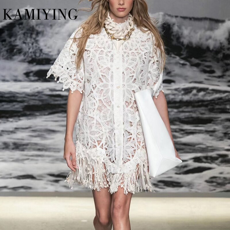KAMIYING Hollow Out Lace embroidery Tassel Women’s Dress Stand Collar Half Sleeve High Waist Mini Dresses Female  Fashion