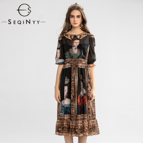 SEQINYY Vintage Dress Summer Spring New Fashion Design Half Sleeve A-line Painting Printed Midi Black Chiffon Dress 1 Vintage Dress Summer Spring New Fashion Design Half Sleeve A-line