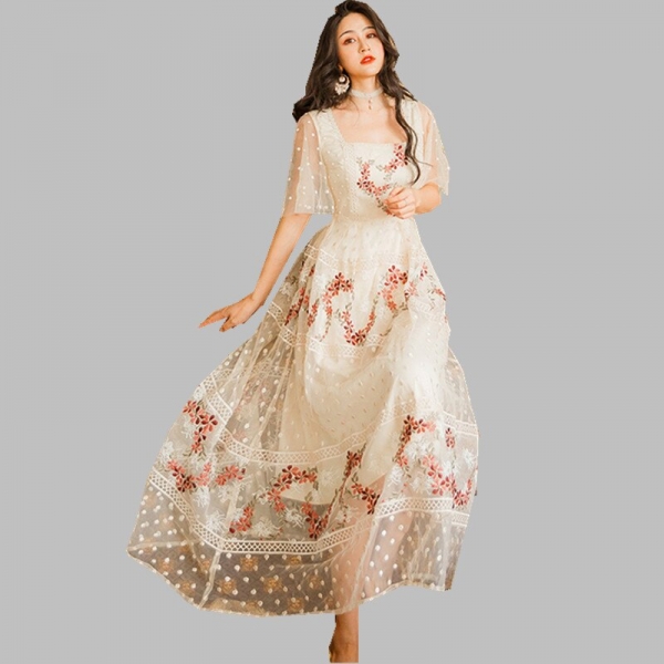 HAMALIEL Summer Women Mesh Holiday Dress 19 Elegant Floral Embroidery Half Sleeve Long Dress Vintage Square Collar Vestidos 1 Mesh Holiday Dress 19 Elegant Floral Embroidery Half Sleeve Long Dress