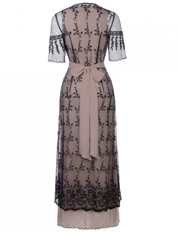 Lolita floral Embroidery Mesh ankle length ladies dress Sexy Women Retro Vintage Victorian Style Half Sleeve V-Neck Lace Dresses