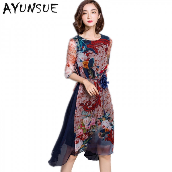 O-neck High Quality Vestidos Vintage Dress Floral Print Silk Dress Half Sleeve Loose Summer Dresses Casual Women Clothing FYY341